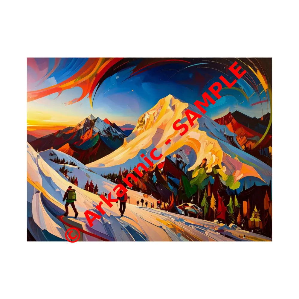 Ascent of the Illuminated Peak: Mountain Hikers in Expressionist Landscape Dynamic Alpine Journey Poster 24″ x 18″