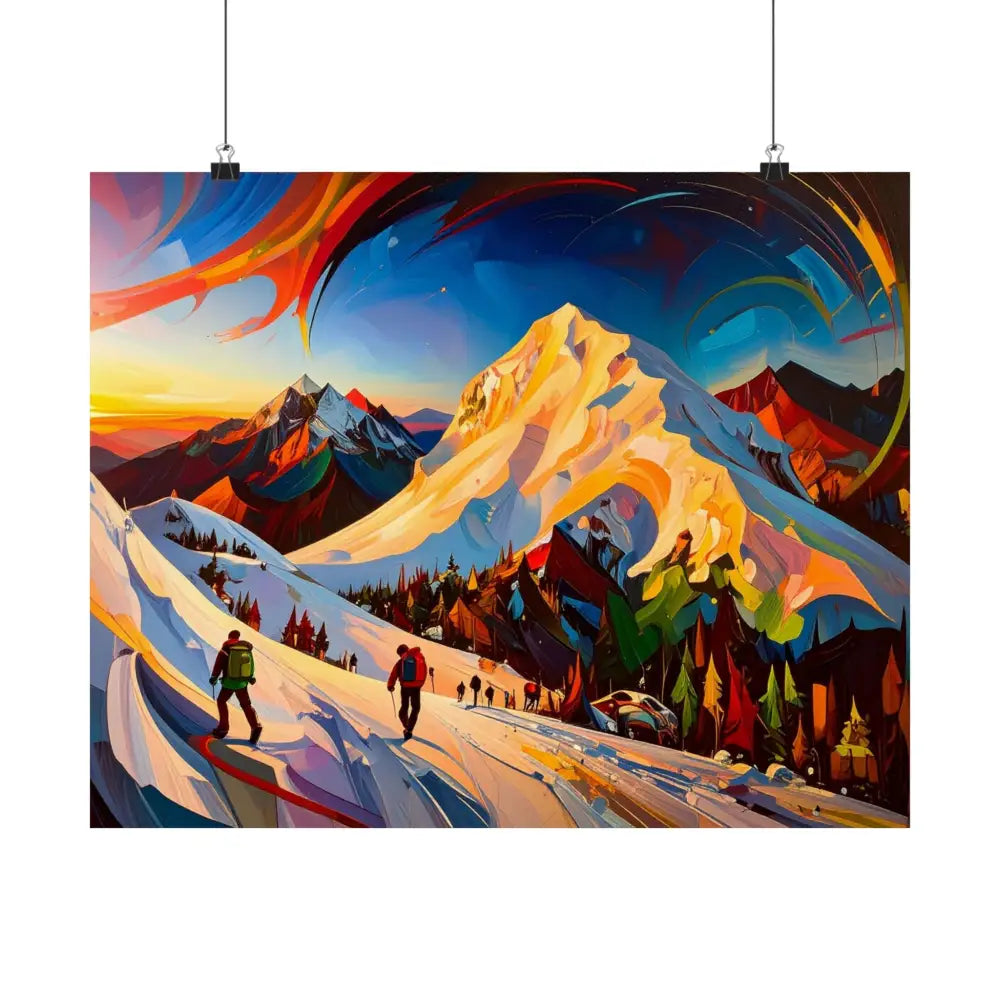 Ascent of the Illuminated Peak: Mountain Hikers in Expressionist Landscape Dynamic Alpine Journey Poster Poster