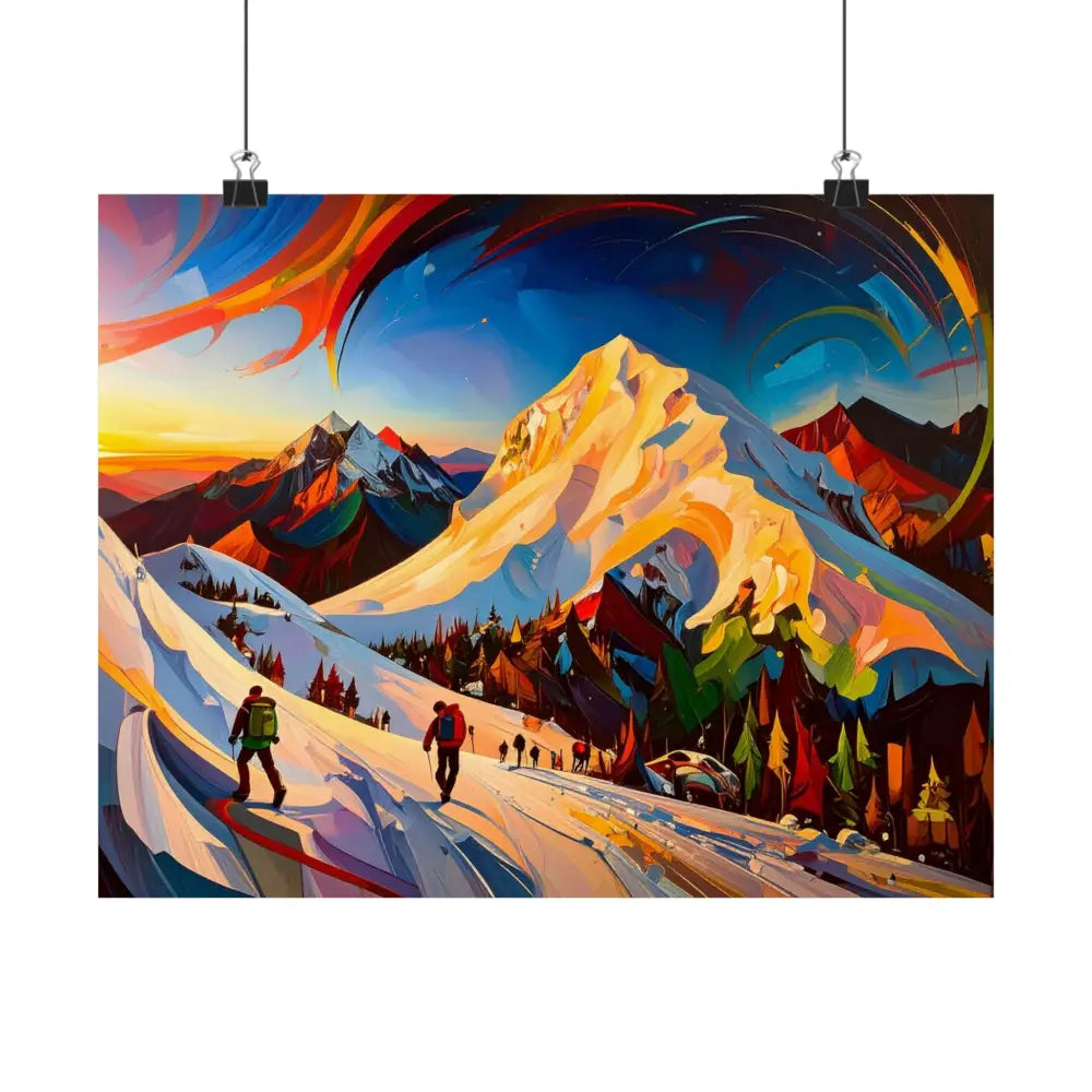 Ascent of the Illuminated Peak: Mountain Hikers in Expressionist Landscape Dynamic Alpine Journey Poster Poster