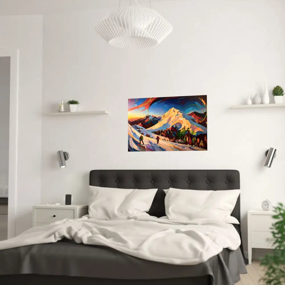 Ascent of the Illuminated Peak: Mountain Hikers in Expressionist Landscape Dynamic Alpine Journey Poster Poster