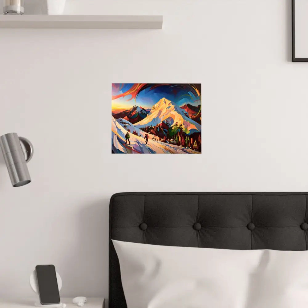 Ascent of the Illuminated Peak: Mountain Hikers in Expressionist Landscape Dynamic Alpine Journey Poster Poster