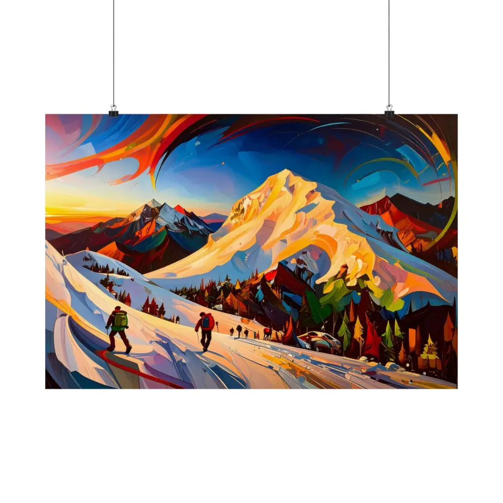 Ascent of the Illuminated Peak: Mountain Hikers in Expressionist Landscape Dynamic Alpine Journey Poster Poster