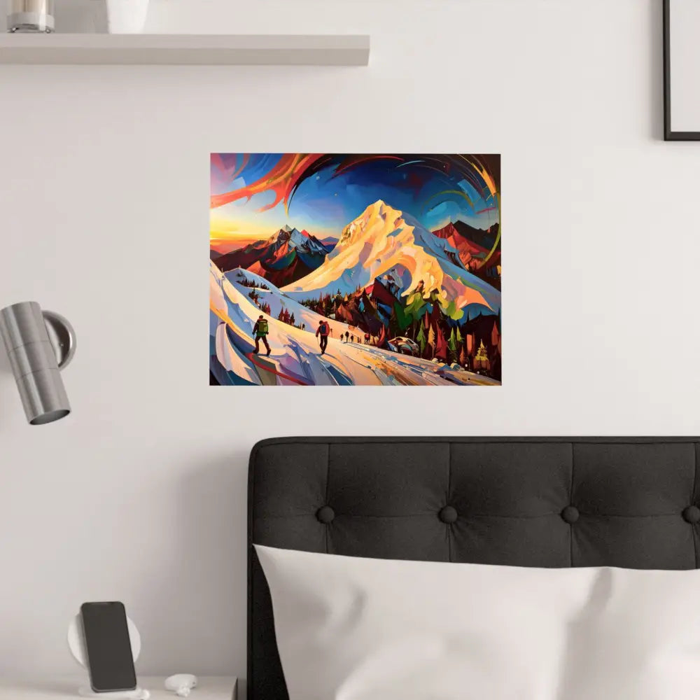 Ascent of the Illuminated Peak: Mountain Hikers in Expressionist Landscape Dynamic Alpine Journey Poster Poster