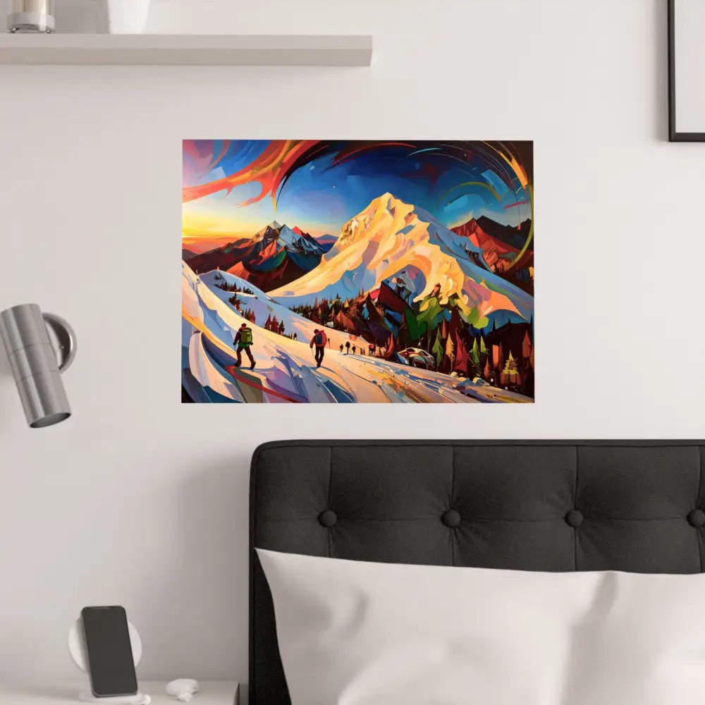 Ascent of the Illuminated Peak: Mountain Hikers in Expressionist Landscape Dynamic Alpine Journey Poster Poster