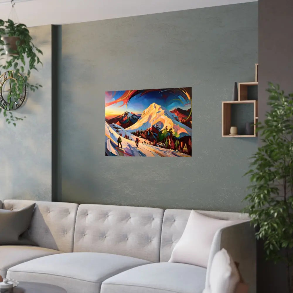 Ascent of the Illuminated Peak: Mountain Hikers in Expressionist Landscape Dynamic Alpine Journey Poster Poster