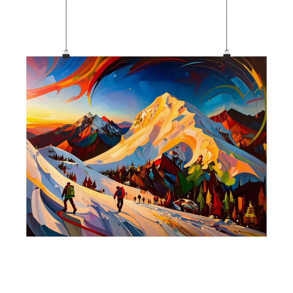 Ascent of the Illuminated Peak: Mountain Hikers in Expressionist Landscape Dynamic Alpine Journey Poster Poster