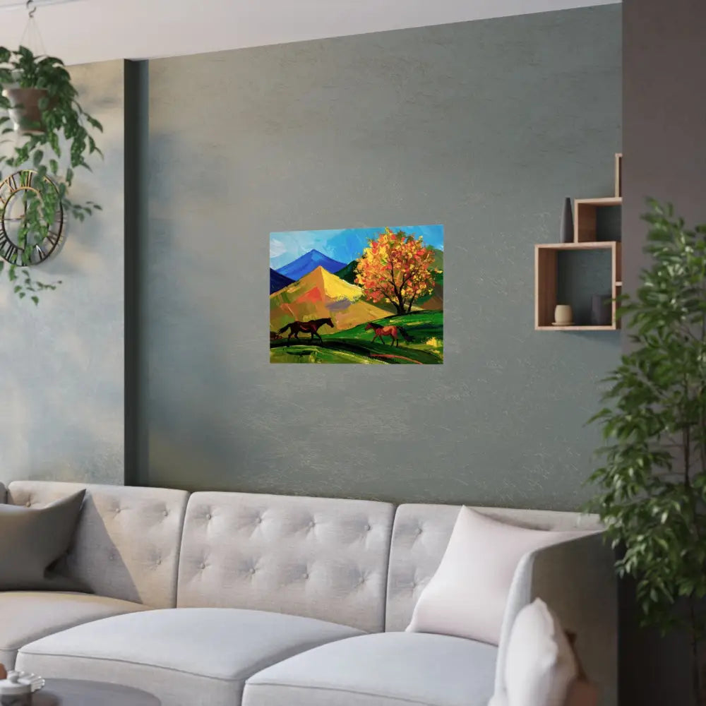 Autumn’s Wild Symphony: Impressionist Mountain Landscape Horses in Vibrant Color Poster Poster