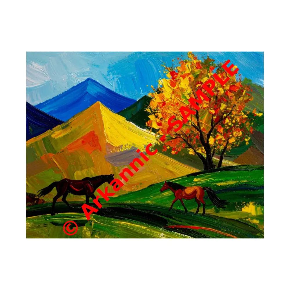 Autumn’s Wild Symphony: Impressionist Mountain Landscape Horses in Vibrant Color Poster 14″ x 11″ Poster