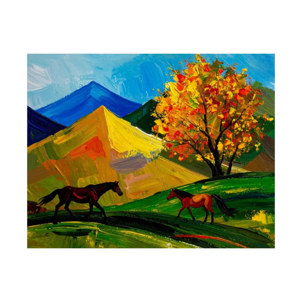Autumn’s Wild Symphony: Impressionist Mountain Landscape Horses in Vibrant Color Poster 14″ x 11″ Poster