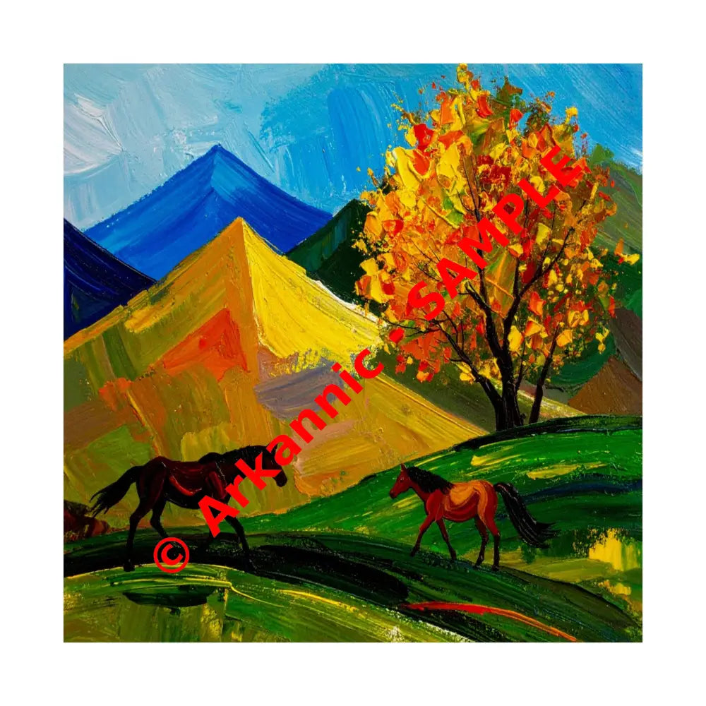 Autumn’s Wild Symphony: Impressionist Mountain Landscape Horses in Vibrant Color Poster 14’’ x 14’’ Poster