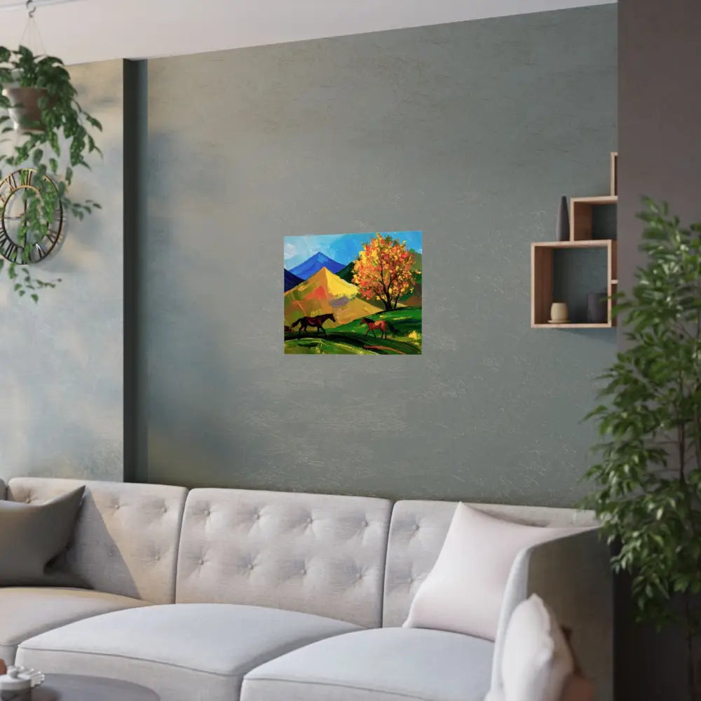 Autumn’s Wild Symphony: Impressionist Mountain Landscape Horses in Vibrant Color Poster Poster