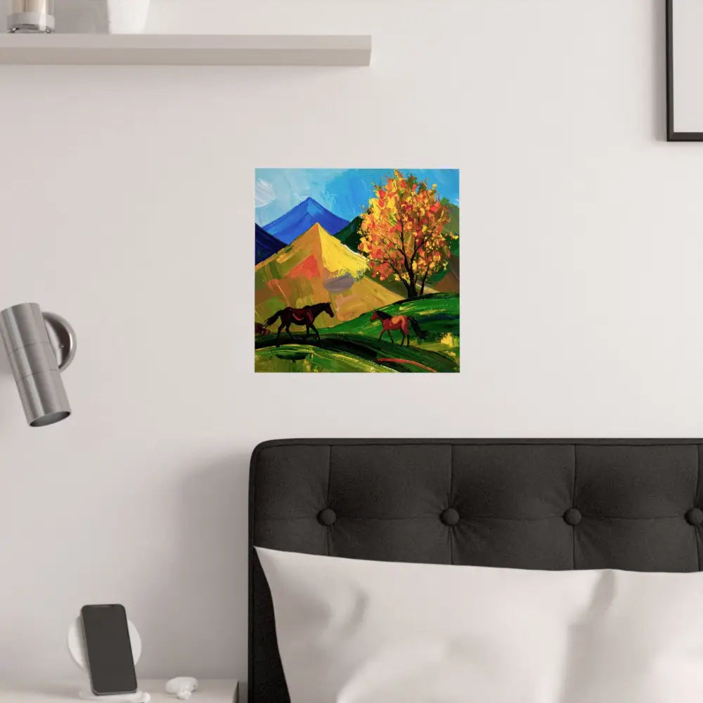 Autumn’s Wild Symphony: Impressionist Mountain Landscape Horses in Vibrant Color Poster Poster