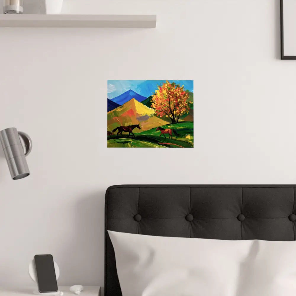 Autumn’s Wild Symphony: Impressionist Mountain Landscape Horses in Vibrant Color Poster Poster