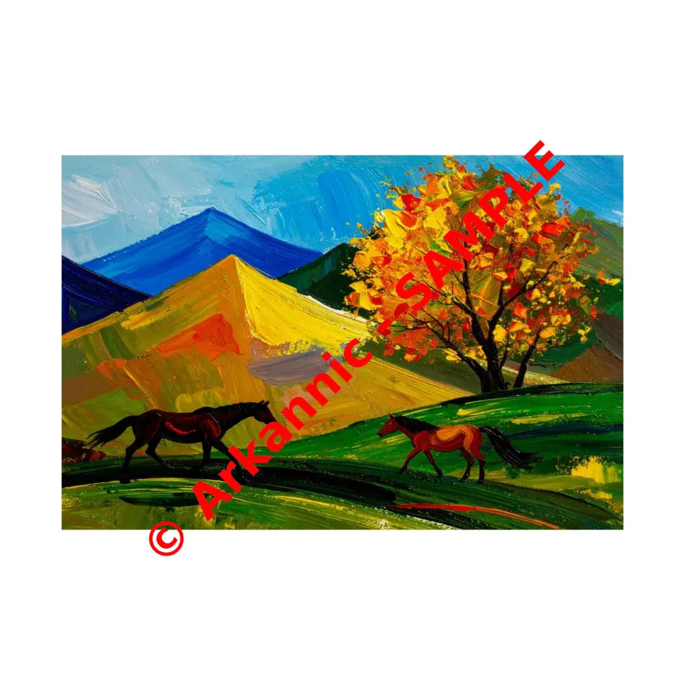 Autumn’s Wild Symphony: Impressionist Mountain Landscape Horses in Vibrant Color Poster 36″ x 24″ Poster