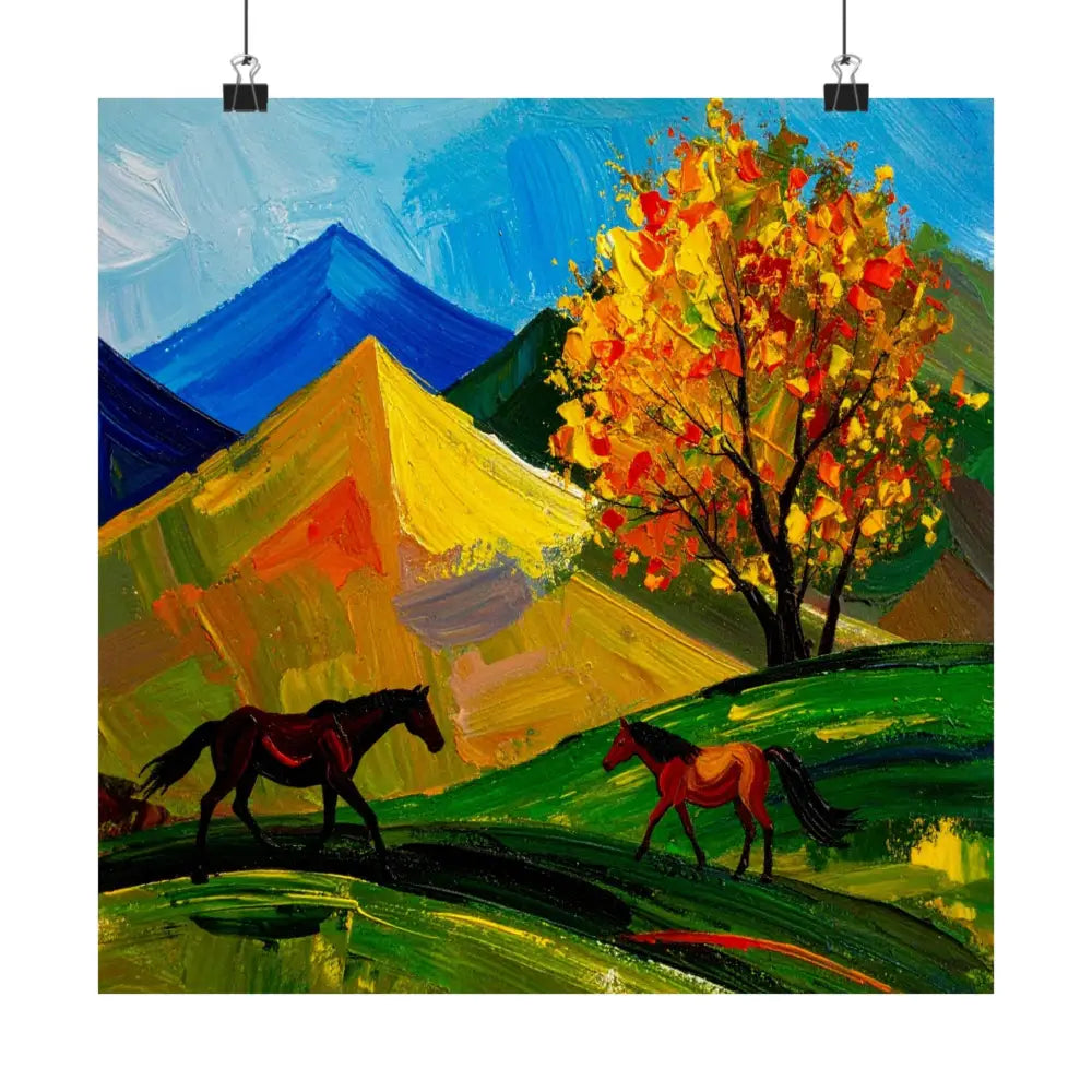 Autumn’s Wild Symphony: Impressionist Mountain Landscape Horses in Vibrant Color Poster Poster