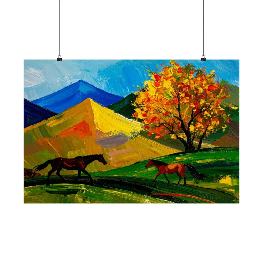 Autumn’s Wild Symphony: Impressionist Mountain Landscape Horses in Vibrant Color Poster Poster