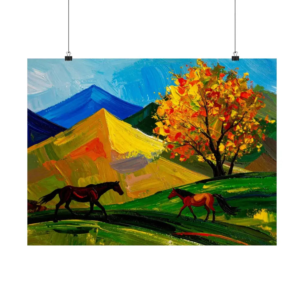 Autumn’s Wild Symphony: Impressionist Mountain Landscape Horses in Vibrant Color Poster Poster