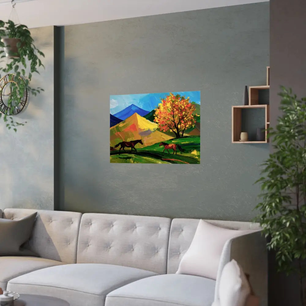 Autumn’s Wild Symphony: Impressionist Mountain Landscape Horses in Vibrant Color Poster Poster