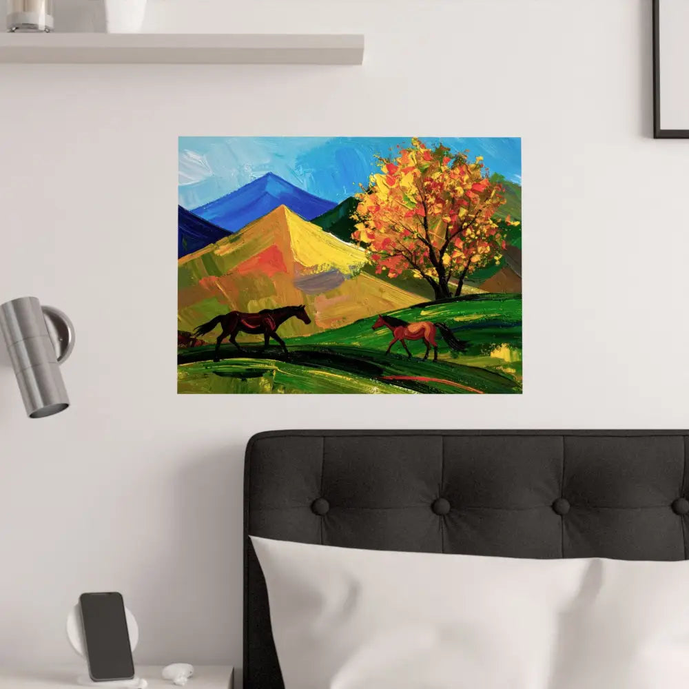 Autumn’s Wild Symphony: Impressionist Mountain Landscape Horses in Vibrant Color Poster Poster