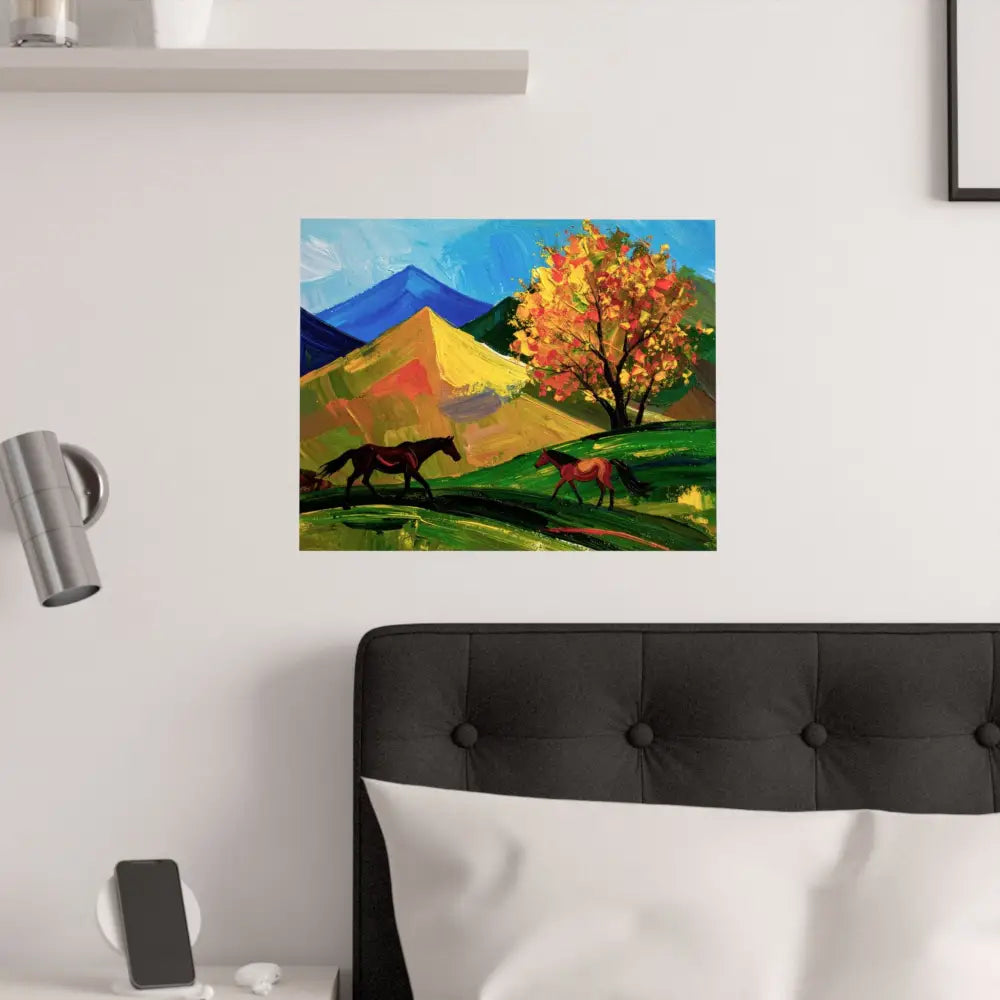 Autumn’s Wild Symphony: Impressionist Mountain Landscape Horses in Vibrant Color Poster Poster