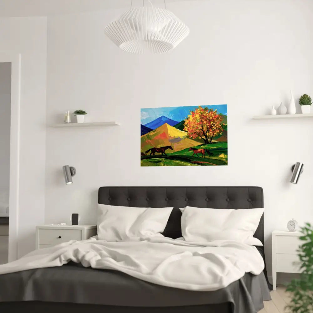 Autumn’s Wild Symphony: Impressionist Mountain Landscape Horses in Vibrant Color Poster Poster