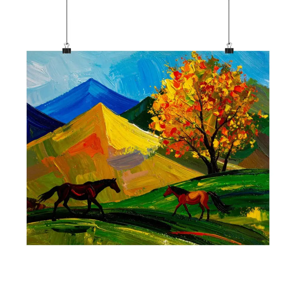 Autumn’s Wild Symphony: Impressionist Mountain Landscape Horses in Vibrant Color Poster Poster