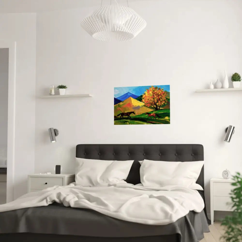 Autumn’s Wild Symphony: Impressionist Mountain Landscape Horses in Vibrant Color Poster Poster