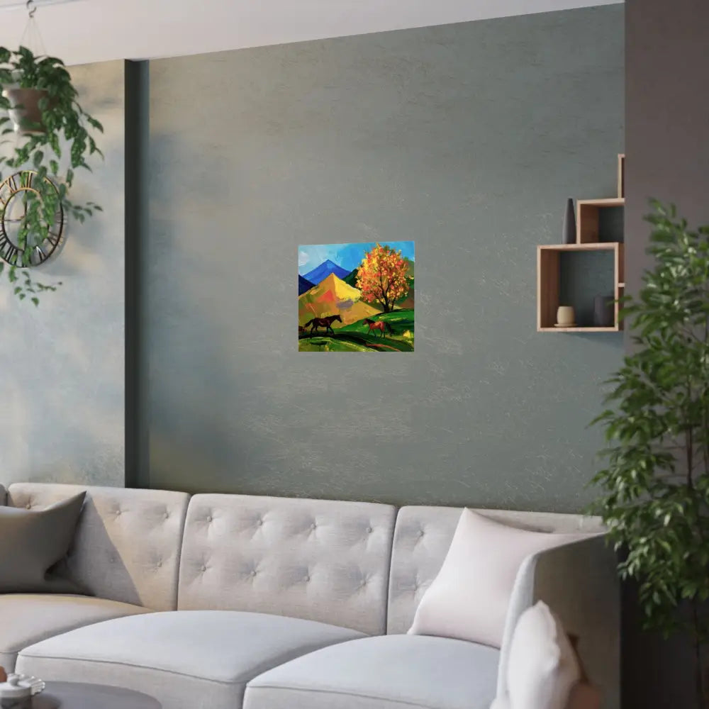 Autumn’s Wild Symphony: Impressionist Mountain Landscape Horses in Vibrant Color Poster Poster