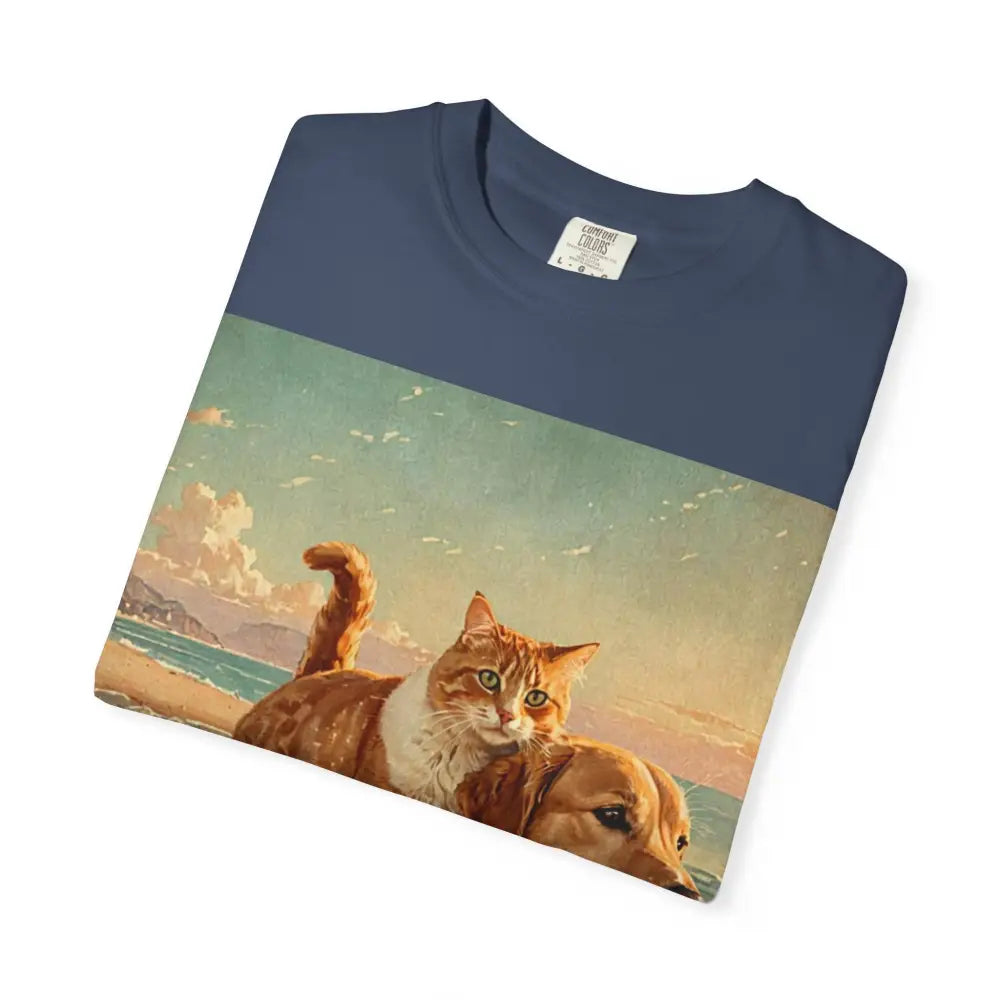’Beach Besties’ Garment-Dyed T-Shirt – Cat & Dog Sunset Ride T-Shirt