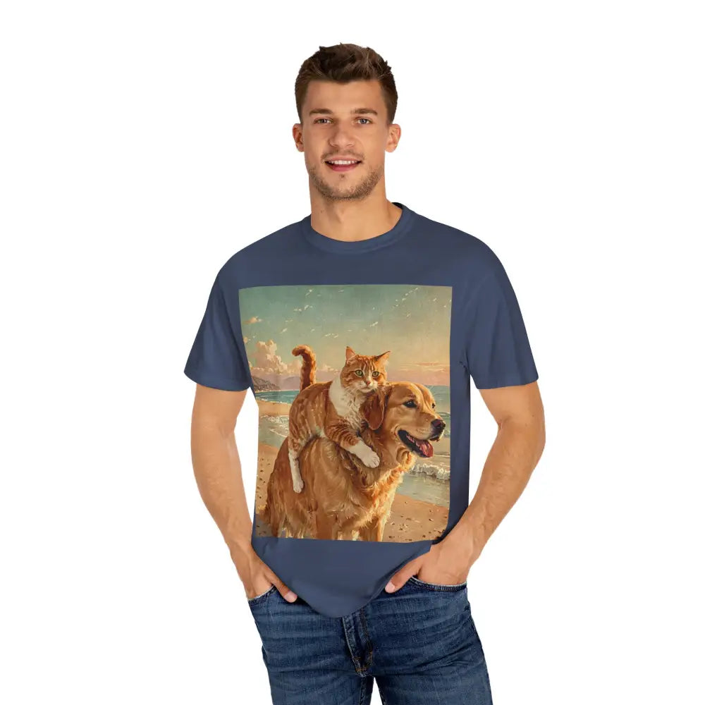 ’Beach Besties’ Garment-Dyed T-Shirt – Cat & Dog Sunset Ride T-Shirt