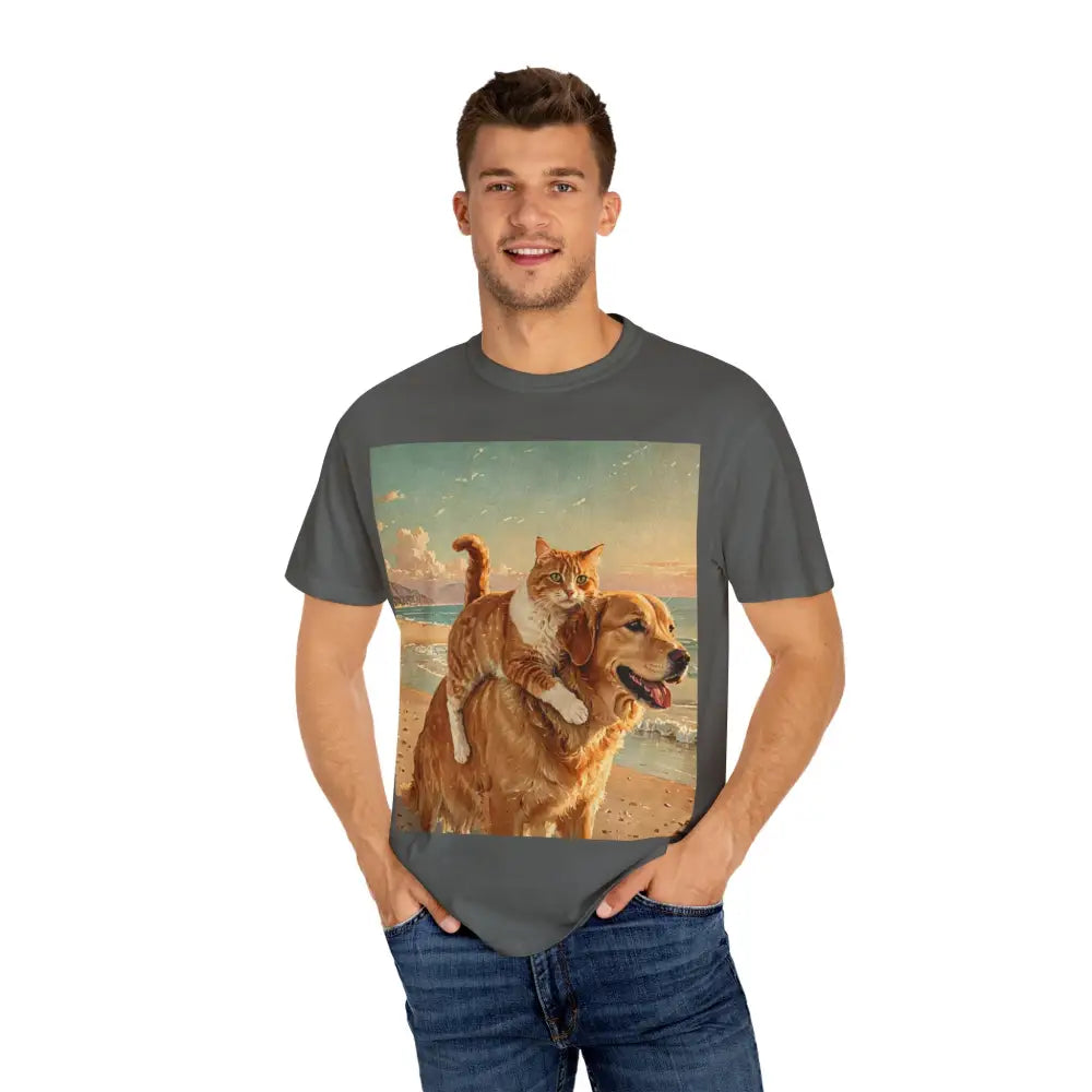 ’Beach Besties’ Garment-Dyed T-Shirt – Cat & Dog Sunset Ride T-Shirt