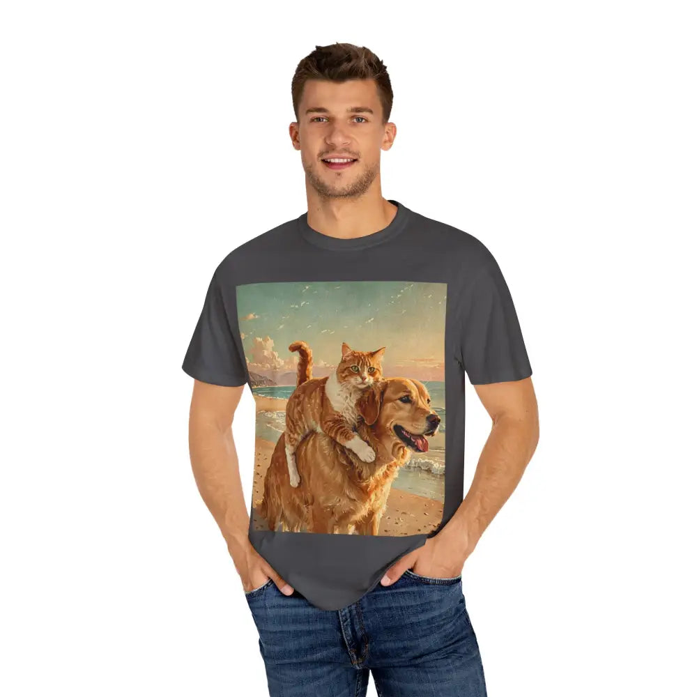’Beach Besties’ Garment-Dyed T-Shirt – Cat & Dog Sunset Ride T-Shirt