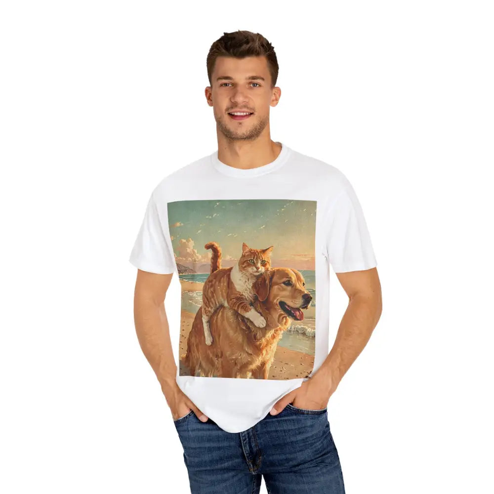 ’Beach Besties’ Garment-Dyed T-Shirt – Cat & Dog Sunset Ride T-Shirt