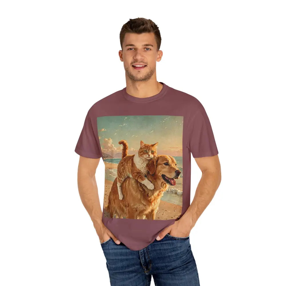 ’Beach Besties’ Garment-Dyed T-Shirt – Cat & Dog Sunset Ride T-Shirt
