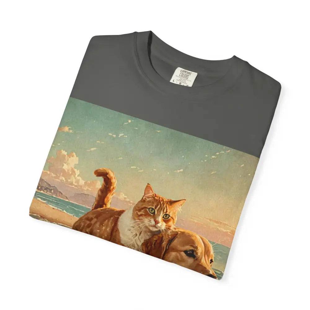 ’Beach Besties’ Garment-Dyed T-Shirt – Cat & Dog Sunset Ride T-Shirt