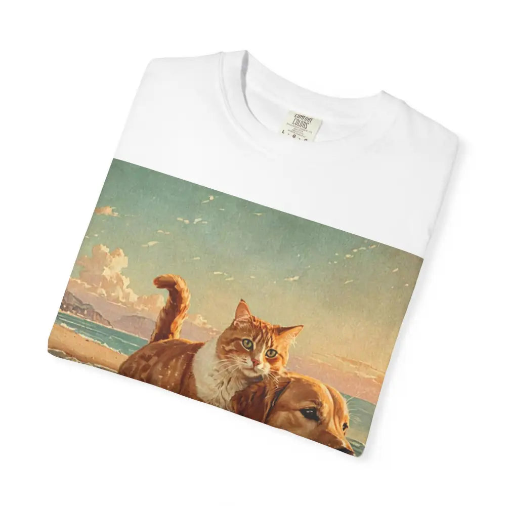 ’Beach Besties’ Garment-Dyed T-Shirt – Cat & Dog Sunset Ride T-Shirt