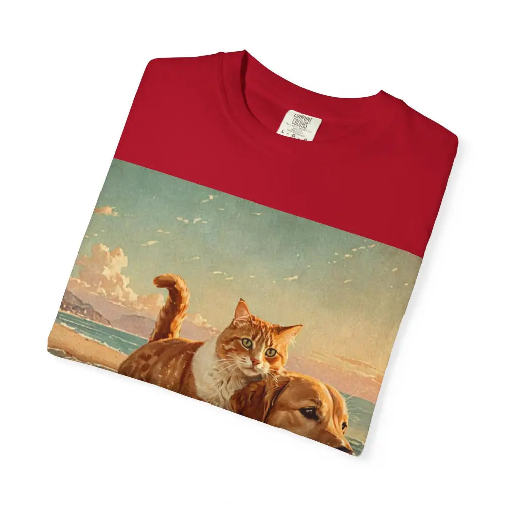 ’Beach Besties’ Garment-Dyed T-Shirt – Cat & Dog Sunset Ride T-Shirt