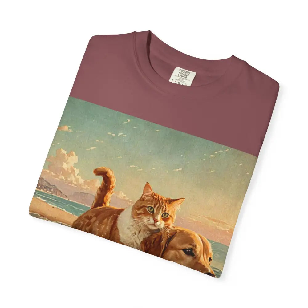 ’Beach Besties’ Garment-Dyed T-Shirt – Cat & Dog Sunset Ride T-Shirt