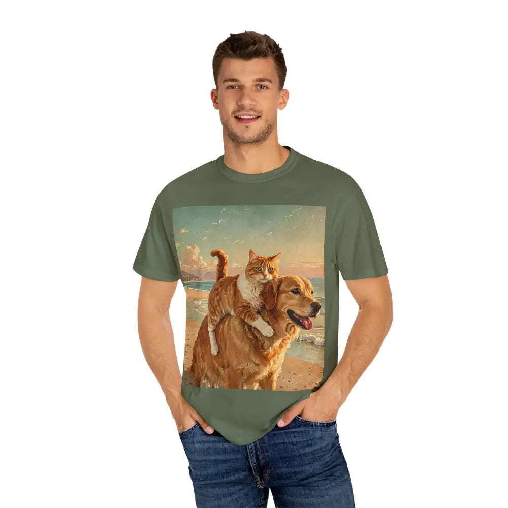 ’Beach Besties’ Garment-Dyed T-Shirt – Cat & Dog Sunset Ride T-Shirt