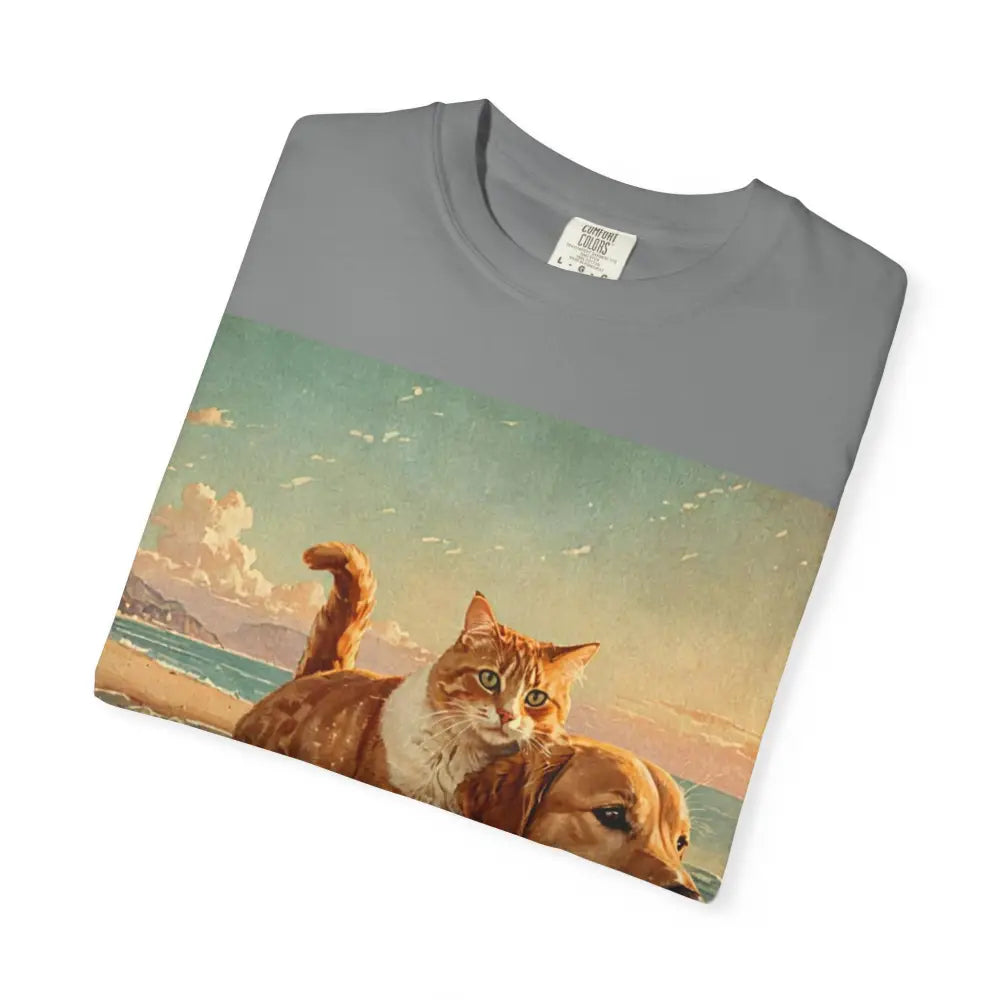 ’Beach Besties’ Garment-Dyed T-Shirt – Cat & Dog Sunset Ride T-Shirt