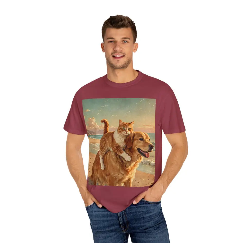 ’Beach Besties’ Garment-Dyed T-Shirt – Cat & Dog Sunset Ride T-Shirt