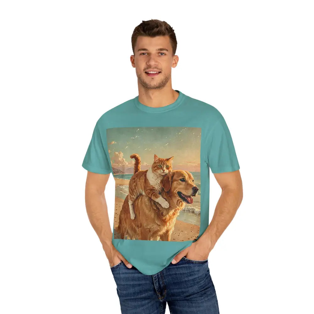 ’Beach Besties’ Garment-Dyed T-Shirt – Cat & Dog Sunset Ride T-Shirt