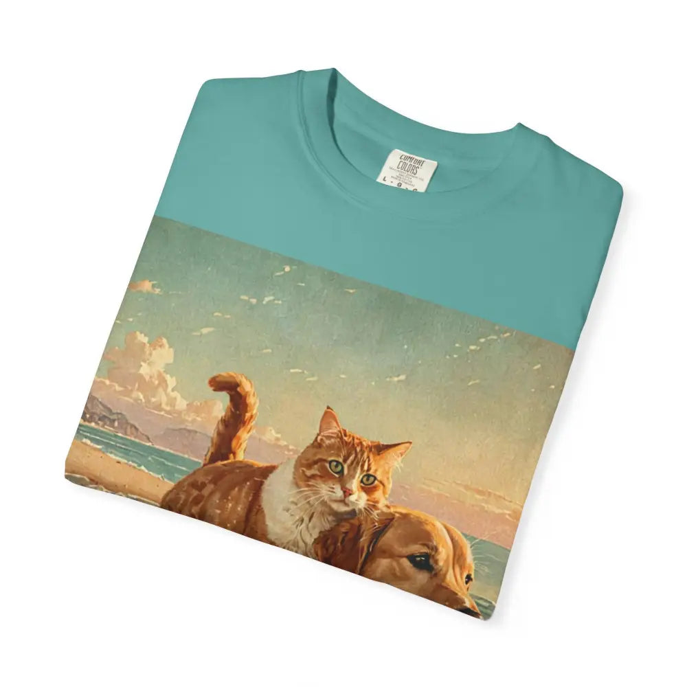 ’Beach Besties’ Garment-Dyed T-Shirt – Cat & Dog Sunset Ride T-Shirt