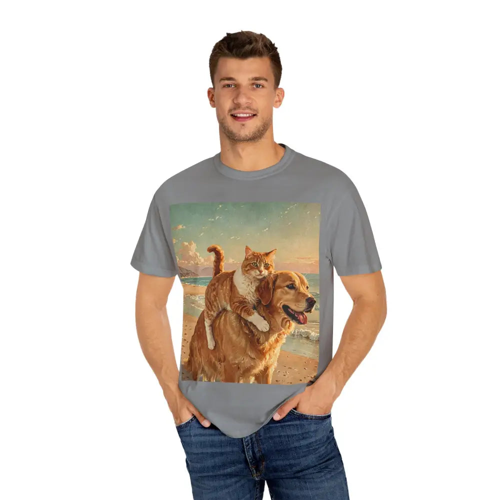 ’Beach Besties’ Garment-Dyed T-Shirt – Cat & Dog Sunset Ride T-Shirt