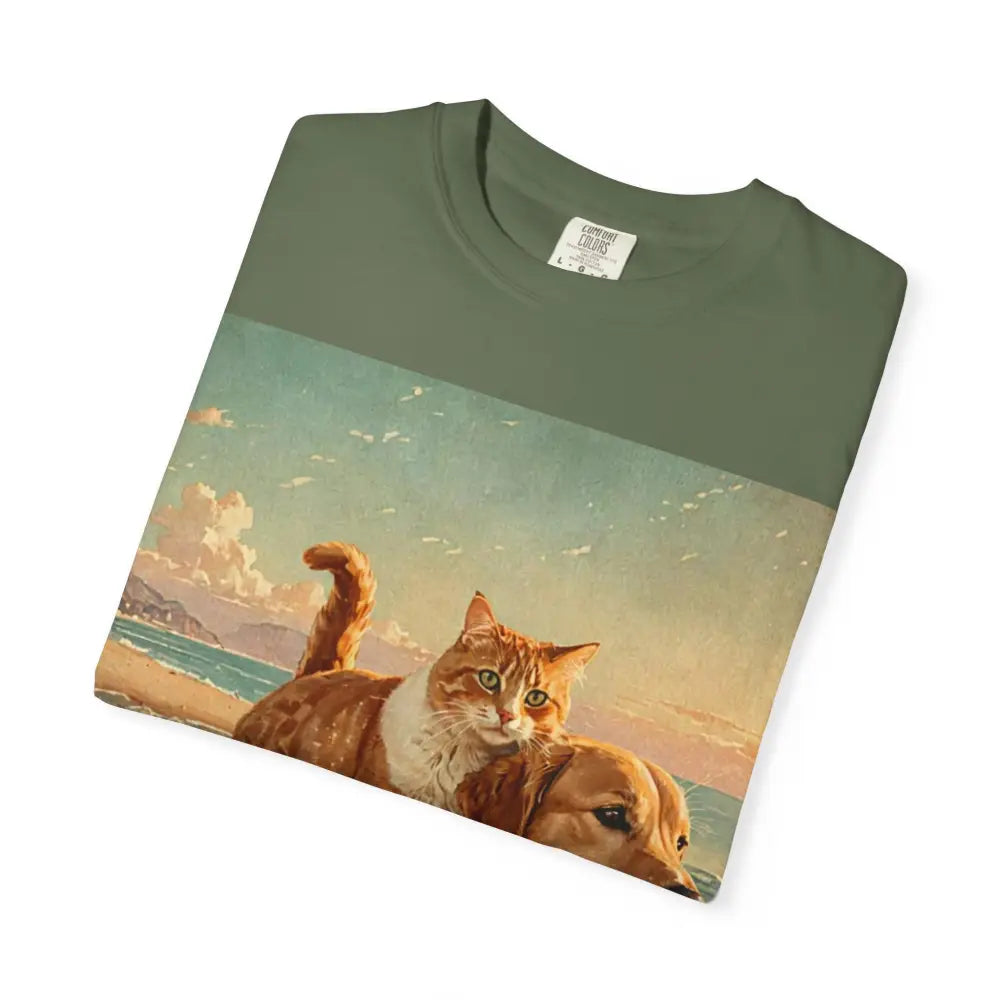 ’Beach Besties’ Garment-Dyed T-Shirt – Cat & Dog Sunset Ride T-Shirt