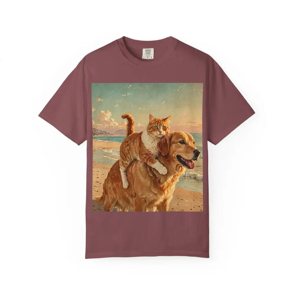 ’Beach Besties’ Garment-Dyed T-Shirt – Cat & Dog Sunset Ride Brick / S T-Shirt