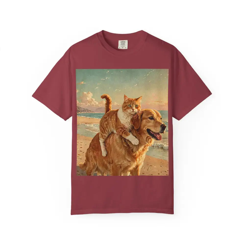 ’Beach Besties’ Garment-Dyed T-Shirt – Cat & Dog Sunset Ride Chili / S T-Shirt