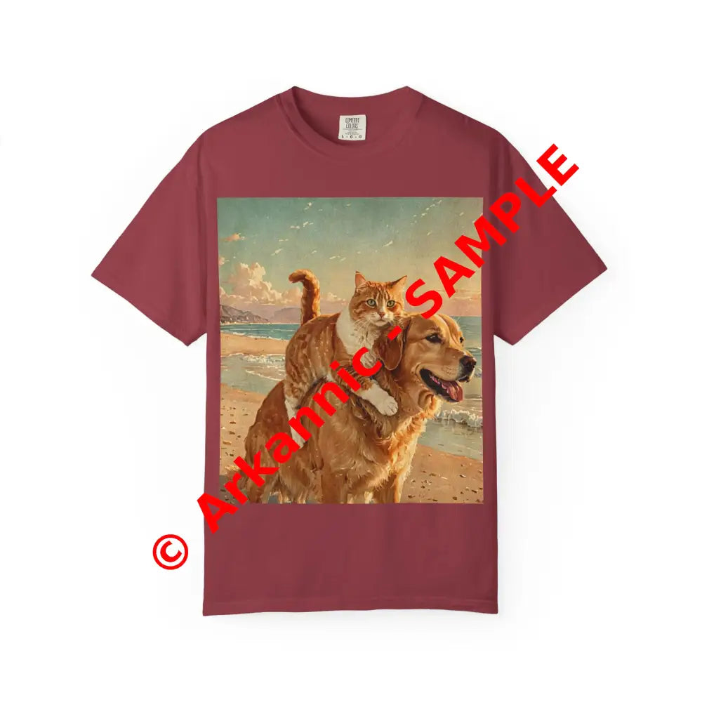 ’Beach Besties’ Garment-Dyed T-Shirt – Cat & Dog Sunset Ride Chili / S T-Shirt