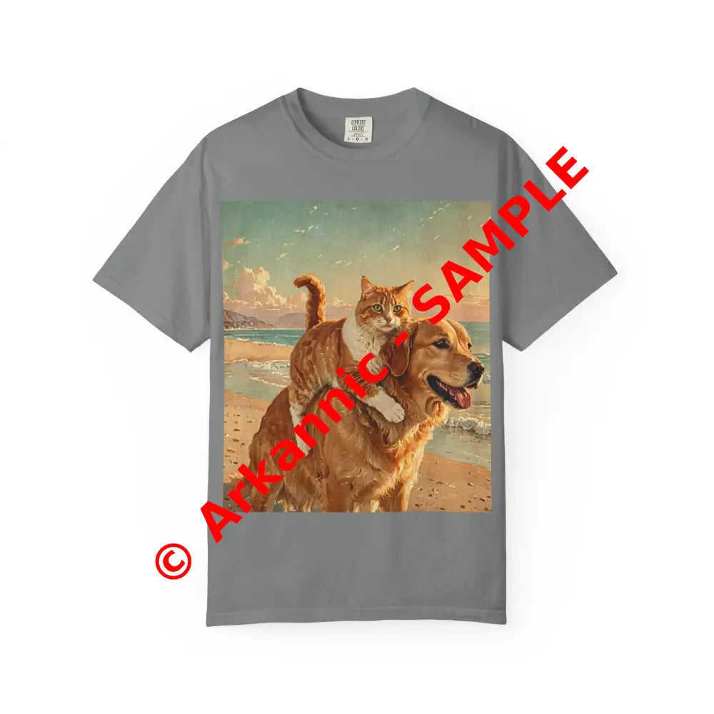 ’Beach Besties’ Garment-Dyed T-Shirt – Cat & Dog Sunset Ride Grey / S T-Shirt
