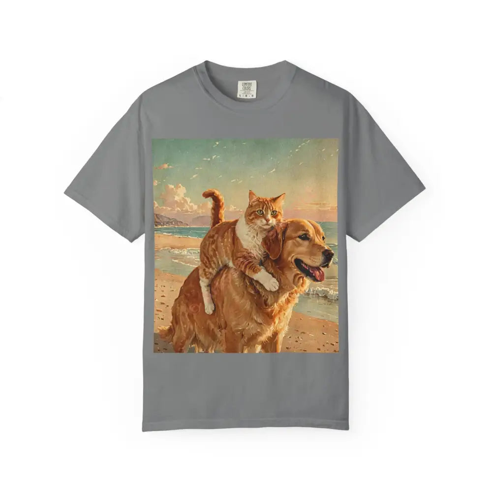 ’Beach Besties’ Garment-Dyed T-Shirt – Cat & Dog Sunset Ride Grey / S T-Shirt